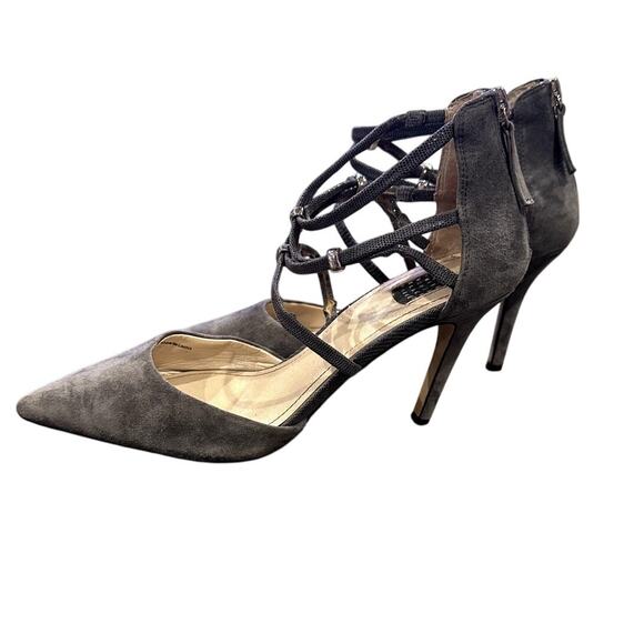 White House Black Market Gray Suede Back Zip Size 7 Excellent Condition 3" Heals - Picture 3 of 8